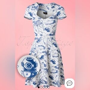 Vintage Retro Swing Dress with a Diver Print Sweetheart Neckline XL X-Large